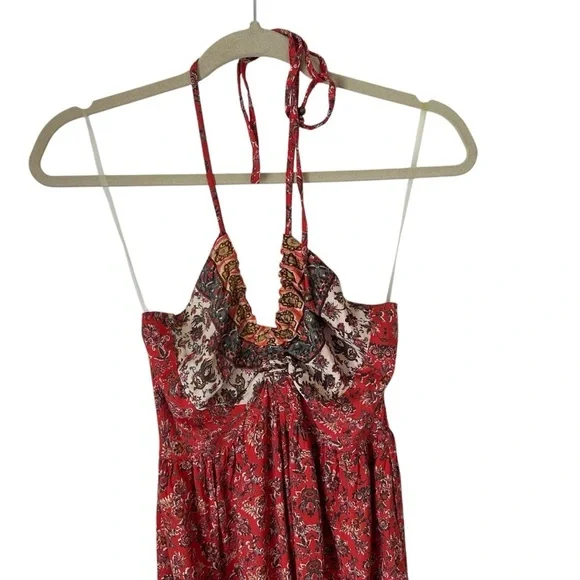 Angie Red Floral Print V-Neck Ruffle Hem Halter Bohemian Jumper Size Small - Picture 5 of 9